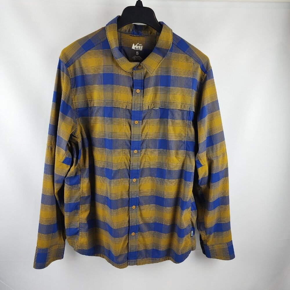 REI Co-op Shirt Men XL Blue Multi Plaid Nylon Vented Performance Hiking Outdoor